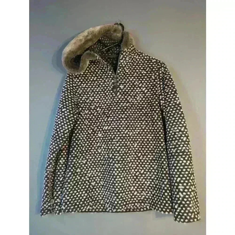 Women's Athleta brown & White Polka Dot Hoodie Size S with faux fur hood 22wool
